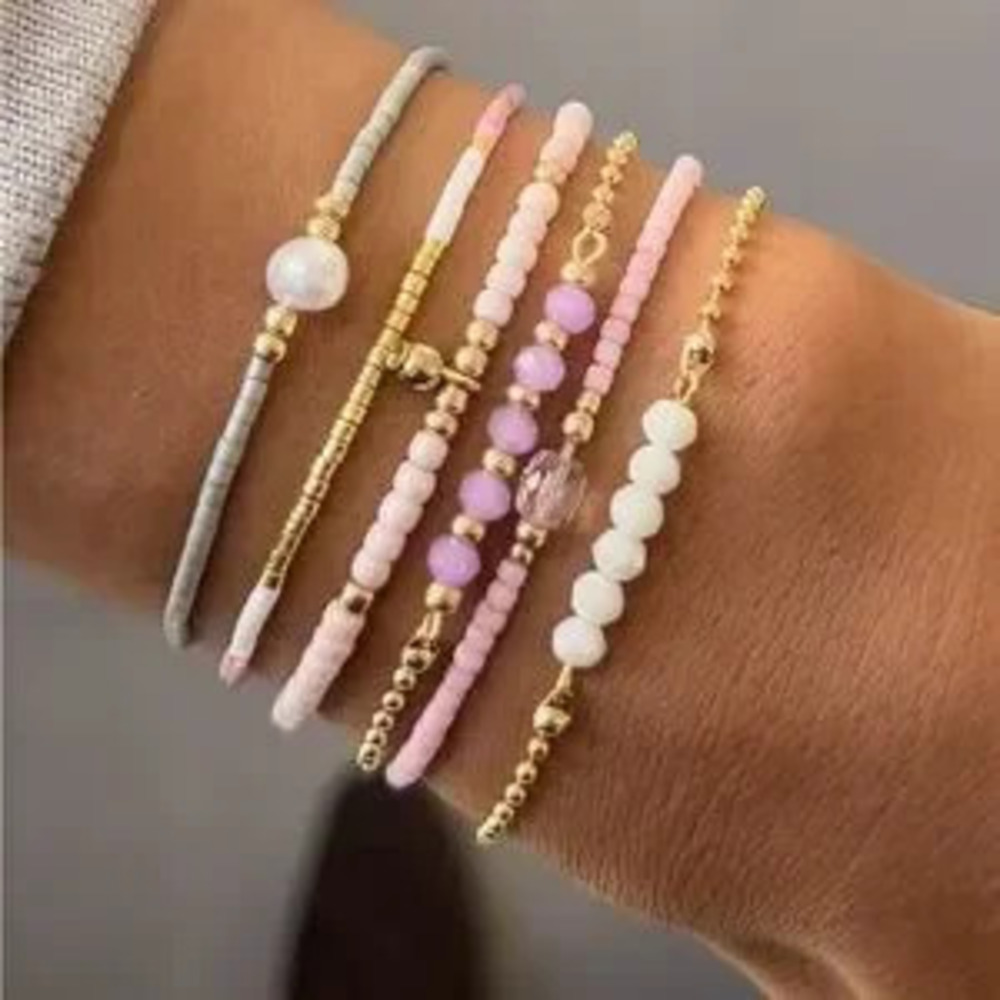 6PCS Bohemian Multi colored Bead Stacked Elastic Bracelet